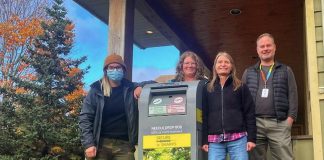 Pictured at one of the new needie disposal bins in Haliburton County is PARN harm reduction worker Katlin Archibald, Municipality of Dysart manager of programs and events Andrea Mueller, Haliburton Kawartha Pine Ridge District Health Unit health promoter Kate Hall, and Haliburton County Public Library CAO Chris Stephenson. (Photo courtesy of Haliburton Kawartha Pine Ridge District Health Unit)