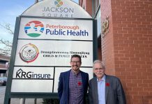 Outgoing Peterborough Board of Health chair Andy Mitchell (right) with medical officer of health Dr. Thomas Piggott. Mitchell attended his final board meeting on November 9, 2022. (Photo courtesy of Peterborough Public Health)