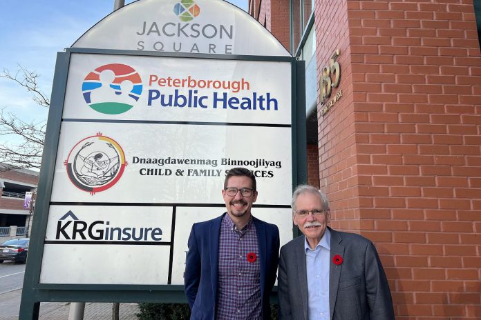 Outgoing Peterborough Board of Health chair Andy Mitchell (right) with medical officer of health Dr. Thomas Piggott. Mitchell attended his final board meeting on November 9, 2022. (Photo courtesy of Peterborough Public Health)