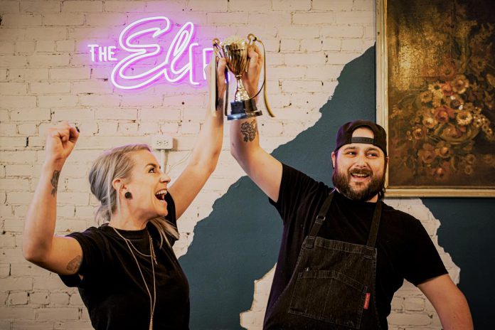 The El (P)'s head chef Danea Humber (left) with sous chef  Eric Beyer celebrating their win in the 2022 Peterborough Mac + Cheese Festival, shared with Capra Toro. (Photo courtesy of Peterborough Downtown Business Improvement Area)