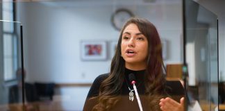 Peterborough's inaugural poet laureate, spoken-word artist Sarah Lewis from Curve Lake First Nation, performed for the first time at Peterborough city council on September 27, 2021. She performed two poems, "Warrior Cry" and "Take Them Home." (Photo: Electric City Culture Council)