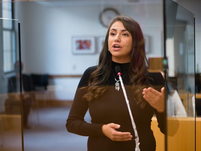 Peterborough's inaugural poet laureate, spoken-word artist Sarah Lewis from Curve Lake First Nation, performed for the first time at Peterborough city council on September 27, 2021. She performed two poems, "Warrior Cry" and "Take Them Home." (Photo: Electric City Culture Council)