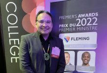 Anishinaabe professional and entrepreneur Steve DeRoy, who graduated from Fleming College in Lindsay in 1998, at the Premier's Awards gala event on November 28, 2022 at the Sheraton Centre Toronto. DeRoy received the 2022 Premier's Award in the technology category for his work since 2014 in training Indigenous community mappers, resulting in more than 3,000 Indigenous communities in Canada being added to Google Maps and Google Earth. (Photo courtesy of Fleming College)
