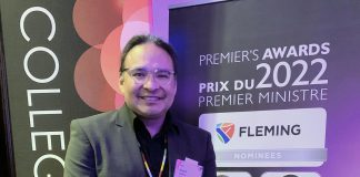 Anishinaabe professional and entrepreneur Steve DeRoy, who graduated from Fleming College in Lindsay in 1998, at the Premier's Awards gala event on November 28, 2022 at the Sheraton Centre Toronto. DeRoy received the 2022 Premier's Award in the technology category for his work since 2014 in training Indigenous community mappers, resulting in more than 3,000 Indigenous communities in Canada being added to Google Maps and Google Earth. (Photo courtesy of Fleming College)