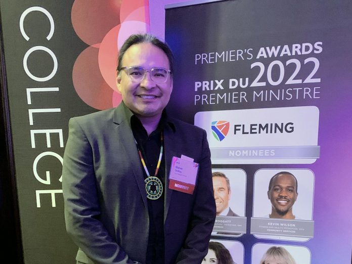 Anishinaabe professional and entrepreneur Steve DeRoy, who graduated from Fleming College in Lindsay in 1998, at the Premier's Awards gala event on November 28, 2022 at the Sheraton Centre Toronto. DeRoy received the 2022 Premier's Award in the technology category for his work since 2014 in training Indigenous community mappers, resulting in more than 3,000 Indigenous communities in Canada being added to Google Maps and Google Earth. (Photo courtesy of Fleming College)