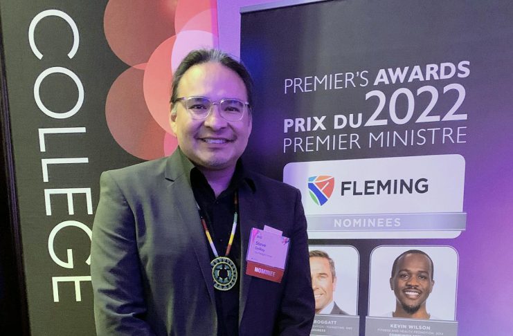 Anishinaabe professional and entrepreneur Steve DeRoy, who graduated from Fleming College in Lindsay in 1998, at the Premier's Awards gala event on November 28, 2022 at the Sheraton Centre Toronto. DeRoy received the 2022 Premier's Award in the technology category for his work since 2014 in training Indigenous community mappers, resulting in more than 3,000 Indigenous communities in Canada being added to Google Maps and Google Earth. (Photo courtesy of Fleming College)