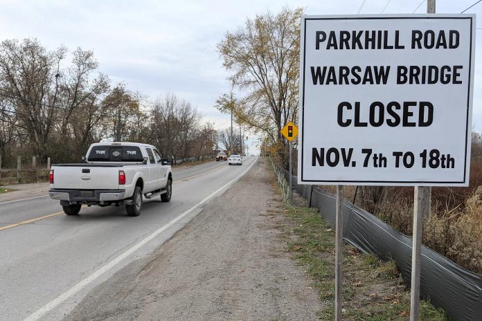 The Warsaw Road Swing Bridge on Parkhill Road East in Peterborough will be closed to vehicles from November 7 to 18, 2022. (Photo: Bruce Head / kawarthaNOW)