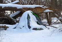 A snow-covered tent in a park in Peterborough, Ontario on December 19, 2022. (Photo: Bruce Head / kawarthaNOW)