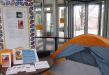 A tent with information about homelessneess set up inside the lobby of Robinson Place on Water Street by Wilhelmina Don-Venus, an employee of the Ministry of Natural Resources and Forestry. Don-Venus will be sleeping outside on December 10, 2022 as part of her campaign to raise wareness about homelessness and to raise funds for local homelessness initiatives. (Photo courtesy of Wilhelmina Don-Venun)