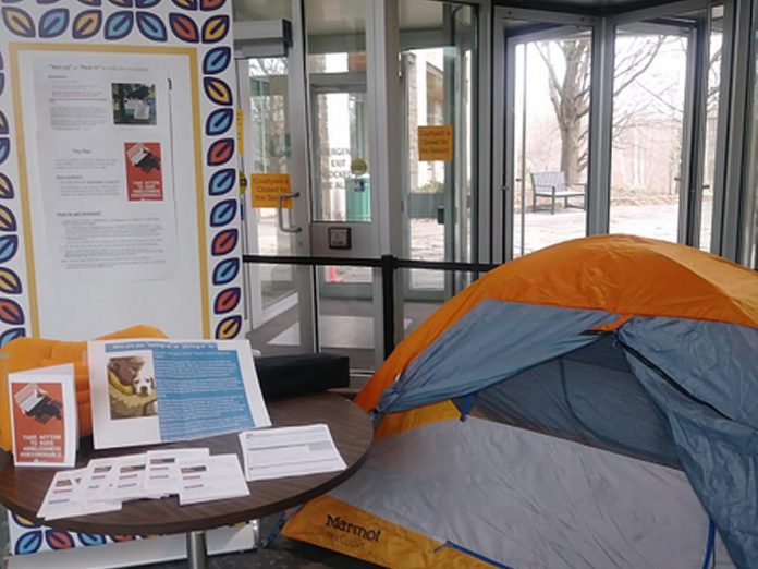 A tent with information about homelessneess set up inside the lobby of Robinson Place on Water Street by Wilhelmina Don-Venus, an employee of the Ministry of Natural Resources and Forestry. Don-Venus will be sleeping outside on December 10, 2022 as part of her campaign to raise wareness about homelessness and to raise funds for local homelessness initiatives. (Photo courtesy of Wilhelmina Don-Venun)