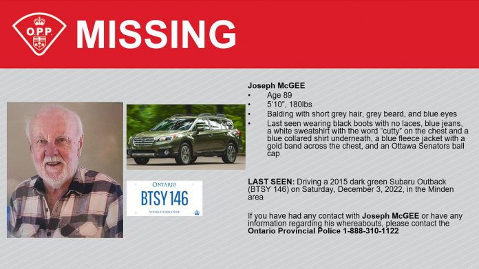 Details of missing 89-year-old Joseph McGee of Minden Hills Township. (Police-supplied graphic)