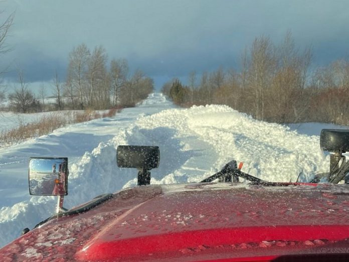 A snow plow truck works to clear a rural road in the City of Kawartha Lakes following the December 2022 winter storm. (Photo: City of Kawartha Lakes)