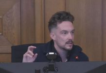 Town Ward councillor Alex Bierk speaks in support of one of his two motions to address the city's homelessness crisis at the inaugural general committee meeting of Peterborough's new city council on December 5, 2022. (kawarthaNOW screenshot of City of Peterborough livestream)