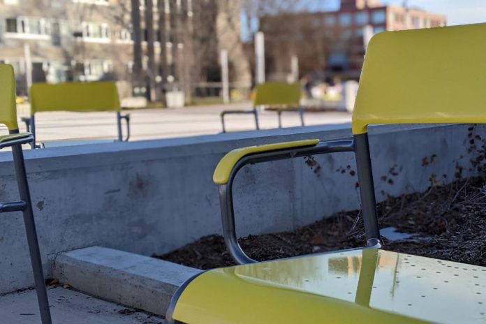 Fixed seating is distributed around the  Quaker Foods City Square on Charlotte Street in downtown Peterborough. (Photo: Bruce Head / kawarthaNOW)