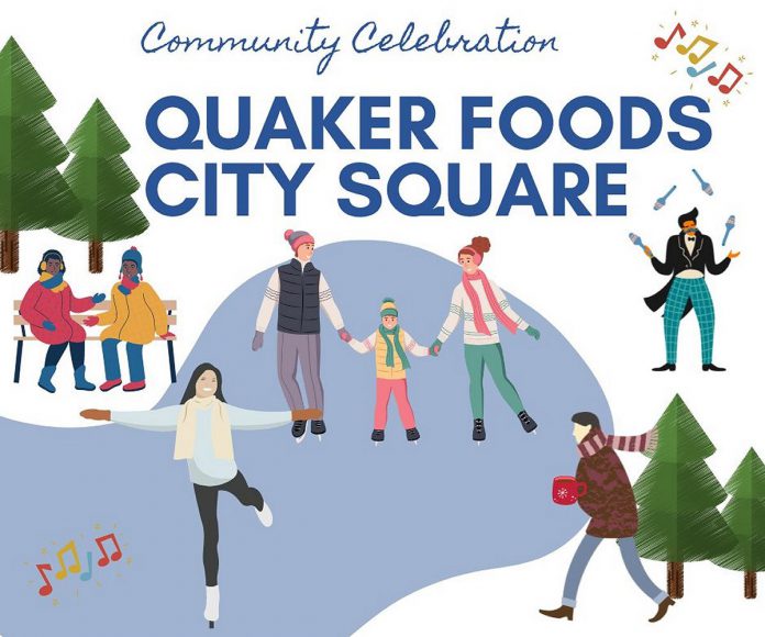 The community celebration of Quaker Foods City Square from 11 a.m. to 3 p.m. on December 17, 2022 will include treats and hot chocolate, face painting, DJ-provided music, stilt walkers, and performance art. The new outdoor skating rink will also be available for use, weather permitting. (Graphic: City of Peterborough / Twitter)
