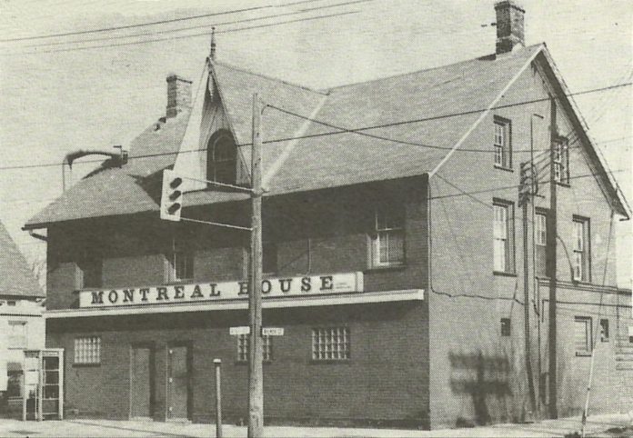 Now home to Dr. J's restaurant, the building at the corner of Aylmer and King streets in downtown Peterborough was formerly the Montreal House, with the original structure dating back to as early as 1858. (Photo: kawarthaNOW via Peterborough's Architectural Heritage, 1978)