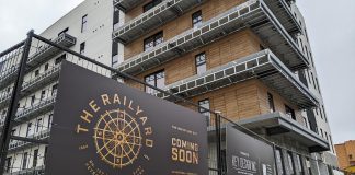 Construction is complete on The Railyard, Ashburnham Realty's new six-storey residential and commercial building at 127 Hunter Street East in Peterborough's East City, beside the Rotary Greenway Trail. Applications are now open for the 40 residential units in the building, with occupancy expected by spring. (Photo: Bruce Head / kawarthaNOW)