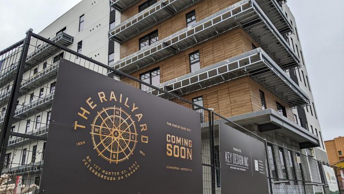 Construction is complete on The Railyard, Ashburnham Realty's new six-storey residential and commercial building at 127 Hunter Street East in Peterborough's East City, beside the Rotary Greenway Trail. Applications are now open for the 40 residential units in the building, with occupancy expected by spring. (Photo: Bruce Head / kawarthaNOW)