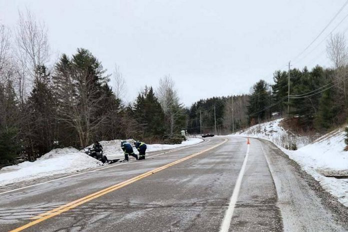 Haliburton Highlands OPP document the scene of a single ATV collision on Highway 35 near Matabanick Road in the Township of Algonquin Highlands that claimed the life of the 43-year-old driver on January 8, 2023. (Photo: Ontario Provincial Police)