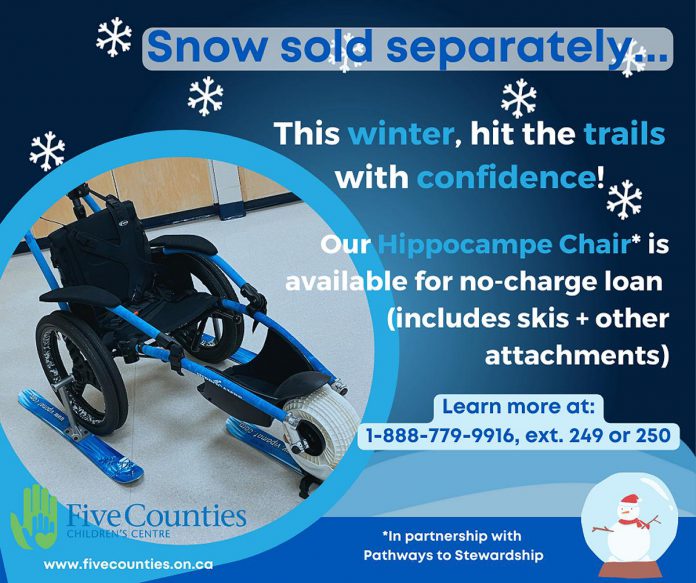 It's not exactly a car ad, but it is a promotional flyer used by Five Counties to promote the loan of its Hippocampe Chair for families and schools in the area. The all-season, all-terrain Hippocampe chair comes with various attachments (including skis) making trail use for children and youth with mobility issues possible in all types of weather.  (Graphic courtesy of Five Counties Children's Centre)