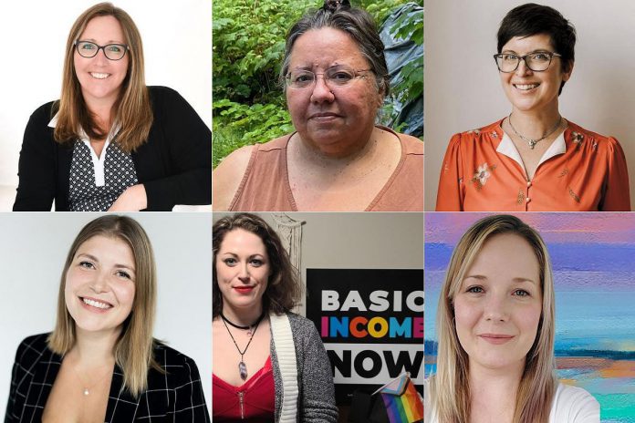 Workshops at INSPIRE's first annual International Women's Day Event at the Holiday Inn in downtown Peterborough on March 8, 2023 will be delivered by (left to right, top to bottom): money coach Angie Ross, Curve Lake First Nation community coordinator Anne Taylor, author and Open Sky Stories owner Erica Richmond, Nectar Co. founder Rose Terry, Rebecca Turland of One City and Bridges Peterborough, and artist and expressive arts therapist Lindsay Dixon. (kawarthaNOW collage of supplied photos)