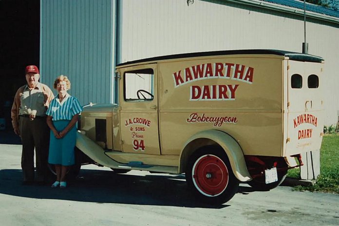 Jack and Ila Crowe, the late founders of Kawartha Dairy in Bobcaygeon, beside one of their old delivery vehicles. (Photo: Kawartha Dairy)