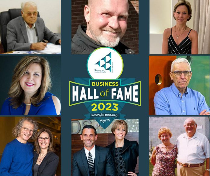 The inductees of Junior Achievement's inaugural Business Hall of Fame for Kawartha Lakes. Clockwise from top left: Jim Bogar (posthumous), Jeff Strybosch, Tania Joy-Bartlett, Ted Smith, Jack and Ila Crowe (posthumous), Jason and Karissa Ward, Nicki and Dedes Costas, and Liz Grimes. (Graphic courtesy of JA-NEO)