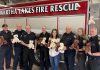 Rob and Monica Jardine (centre) of Jardine Funeral Home have donated 12 licensed Gund Teddy Bears to Kawartha Lakes Fire Rescue, so emergency responders can help comfort children who have been involved in a fire or other emergencies, with four fire stations each receiving three of the bears. Also pictured (from left to right) are Captain Chris Bacon of Station 12 Cameron, Fire Chief Terry Jones, Captain Scott Sabovitch of Station 20 Burnt River, frefighters Paul Weaver and MacKenzie Lunney of Station 19 Coboconk, and Station 22 Fenelon Falls Coordinator and Captain Don Barber. (Photo courtesy of City of Kawartha Lakes)