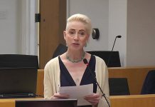 Local theatre artist and writer Kate Story spoke to Peterborough City Council on January 9, 2023 in support of the city's artist grant program. For the 2023 budget, city staff had recommended not to continue the program, which was established in 2022 as a $40,000 one-year initiative to help local artists weather the impact of the pandemic. (kawarthaNOW screenshot of city council video)