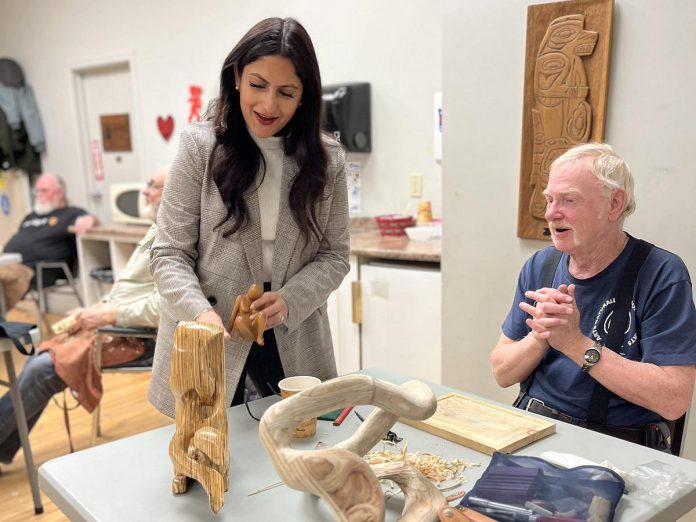 Canada's Minister of Seniors Kamal Khera looks at artworks at Activity Haven Senior Centre in Peterborough on January 19, 2023, when she announced $116,881 in funding for six community-based projects under the federal 2021-22 New Horizons for Seniors Program, including $23,500 for the Activity Haven in Motion program. (Photo: Office of Kamal Khera / Twitter)