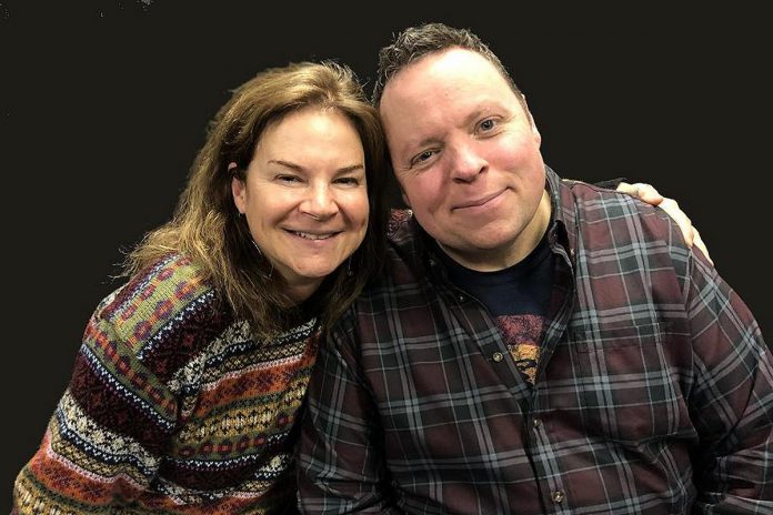 Steve Ross (right) with director Linda Kash (left) at a rehearsal of New Stages' sold-out 2020 production of "Every Brilliant Thing" at The Theatre On King in downtown Peterborough. (Photo: Eva Fisher / Public Energy)