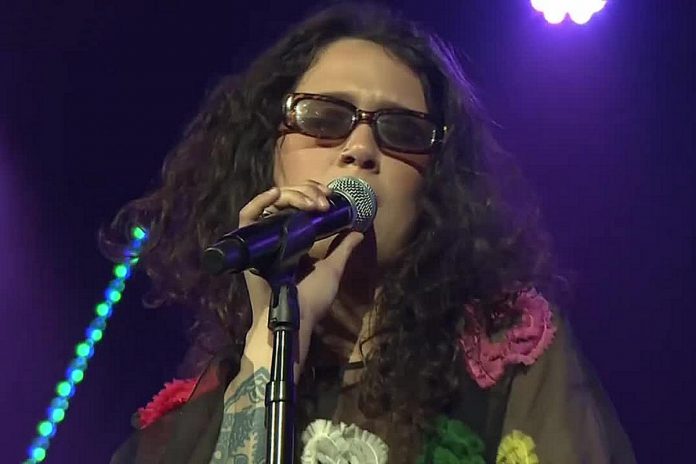 Juno-nominated Métis/Slovakian singer-songwriter Ruby Waters, seen here performing at the 2022 Juno Awards, will be at the Historic Red Dog in downtown Peterborough on Wednesday, January 18 with special guest, Oji-Cree singer-songwriter Aysanabee. (kawarthaNOW screenshot of CBC Music video)