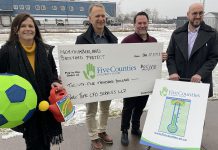 Part Time CFO Services LLP founder and president Darryl Goodall (second from left) and other Part Time CFO representatives presented a $25,000 donation to Five Counties Children's Centre CEO Scott Peppin (second from right) for the Northumberland Backyard Project, which would see a large property behind Five Counties in Cobourg transformed into an outdoor green space for treatment, recreation, cultural awareness, and education programs. (Photo courtesy of Five Counties)