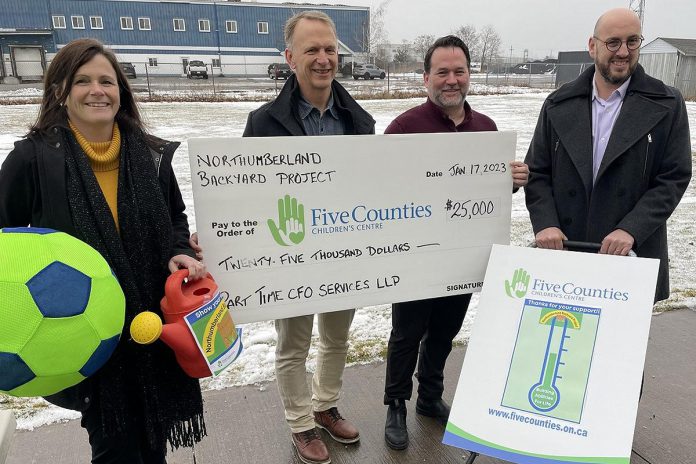 Part Time CFO Services LLP founder and president Darryl Goodall (second from left) and other Part Time CFO representatives presented a $25,000 donation to Five Counties Children's Centre CEO Scott Peppin (second from right) for the Northumberland Backyard Project, which would see a large property behind Five Counties in Cobourg transformed into an outdoor green space for treatment, recreation, cultural awareness, and education programs. (Photo courtesy of Five Counties)