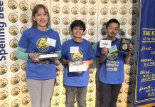 The Rotary Club of Peterborough's annual spelling bee returns on May 13, 2023 after a three-year hiatus due to the pandemic. Pictured are the junior division winners in the 2019 Rotary Spelling Bee: second-place winner Rowan Suttcliffe Dummitt, first-place winner Lucas Sedaka-Lainez, and third-place winner Leonardo Luo. (Photo: YourTV Cogeco)