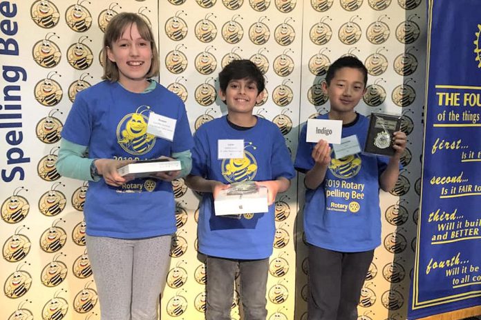 The Rotary Club of Peterborough's annual spelling bee returns on May 13, 2023 after a three-year hiatus due to the pandemic. Pictured are the junior division winners in the 2019 Rotary Spelling Bee: second-place winner Rowan Suttcliffe Dummitt, first-place winner Lucas Sedaka-Lainez, and third-place winner Leonardo Luo. (Photo: YourTV Cogeco)