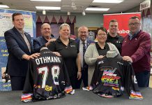 Sport A Rainbow founder Rose Powers (third from left) and representatives of the Peterborough Petes and Scotiabank at a media conference on January 12, 2023, announcing Pride Night will take place on January 14 during the Petes' home game against the Niagara IceDogs. Playsers will wear Pride jerseys in support of the 2SLGBTQI+ community which will be auction off following the game with proceeds supporting Sport A Rainbow. (Photo courtesy of the Peterborough Petes)