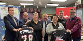Sport A Rainbow founder Rose Powers (third from left) and representatives of the Peterborough Petes and Scotiabank at a media conference on January 12, 2023, announcing Pride Night will take place on January 14 during the Petes' home game against the Niagara IceDogs. Playsers will wear Pride jerseys in support of the 2SLGBTQI+ community which will be auction off following the game with proceeds supporting Sport A Rainbow. (Photo courtesy of the Peterborough Petes)