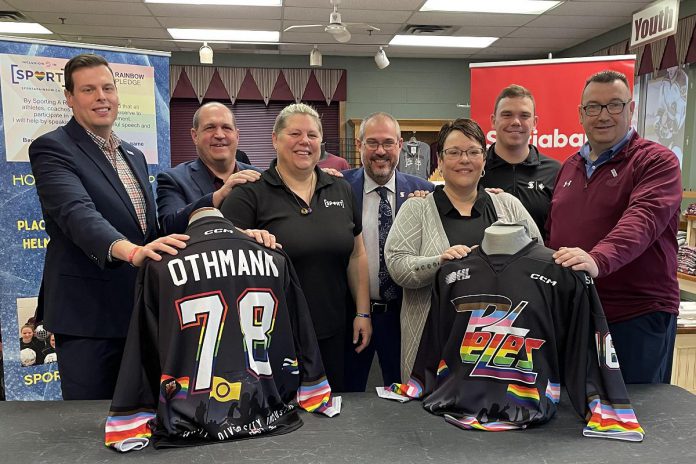 Sport A Rainbow founder Rose Powers (third from left) and representatives of the Peterborough Petes and Scotiabank at a media conference on January 12, 2023, announcing Pride Night will take place on January 14 during the Petes' home game against the Niagara IceDogs. Playsers will wear Pride jerseys in support of the 2SLGBTQI+ community which will be auction off following the game with proceeds supporting Sport A Rainbow. (Photo courtesy of the Peterborough Petes)