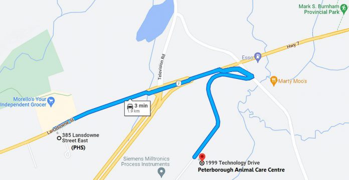 The new Peterborough Animal Care Centre is located at 1999 Technology Drive in southeast Peterborough, about a three-minute drive from the existing shelter at 385 Lansdowne Street East, which will be closing January 14, 2023 so the Peterborough Humane Society can relocate into the new building. A soft opening is expected in mid-February, with a grand opening event planned for the spring. (Map courtesy of Peterborough Humane Society)