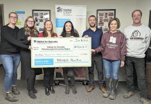 Kylee McGrath and Jenn MacDonald of Habitat for Humanity Peterborough and Kawartha Region with Rebecca Schillemat, Shanelle Jackson, and Mitch Cleary of the Peterborough and the Kawarthas Home Builders Association and Tania-Joy Bartlett and Dave Linkert of New Beginnings Contracting Services. (Photo courtesy of Peterborough and the Kawarthas Home Builders Association)