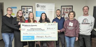 Kylee McGrath and Jenn MacDonald of Habitat for Humanity Peterborough and Kawartha Region with Rebecca Schillemat, Shanelle Jackson, and Mitch Cleary of the Peterborough and the Kawarthas Home Builders Association and Tania-Joy Bartlett and Dave Linkert of New Beginnings Contracting Services. (Photo courtesy of Peterborough and the Kawarthas Home Builders Association)