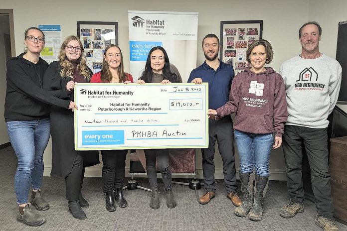 Kylee McGrath and Jenn MacDonald of Habitat for Humanity Peterborough and Kawartha Region with Rebecca Schillemat, Shanelle Jackson, and Mitch Cleary of the Peterborough and the Kawarthas Home Builders Association and Tania-Joy Bartlett and Dave Linkert of New Beginnings Contracting Services. (Photo courtesy of Peterborough and the Kawarthas Home Builders Association)
