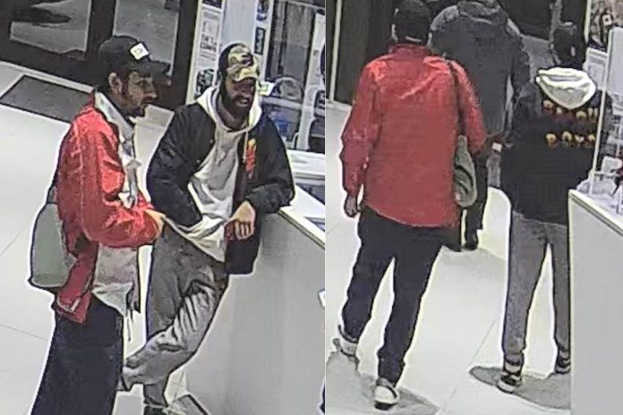 The two men suspected of stealing a grey 2022 Hyundai Elantra from a Port Hope car dealership on January 5, 2022. (Police-supplied photos)