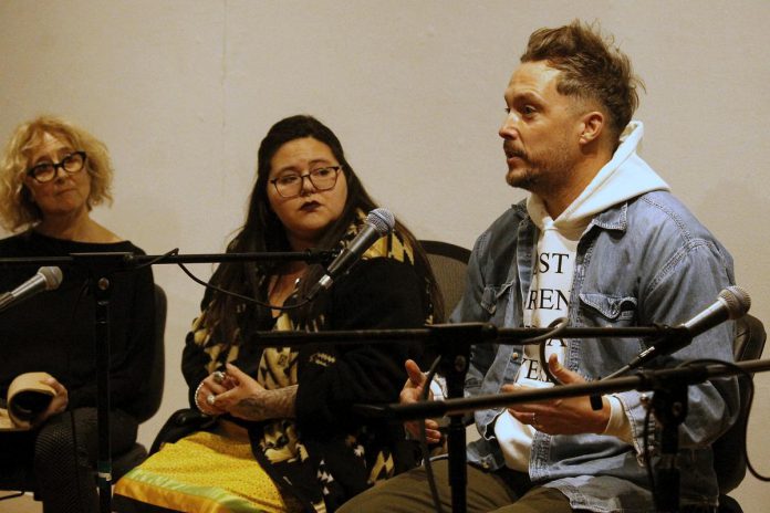 Brenda Longfellow, Mkwa Ghiizis, and Alex Bierk during the panel discussion "What Role Can Art Play in the Overdose Crisis?" at Artspace in downtown Peterborough on January 28, 2023. (Photo: Ziysah von Bieberstein)