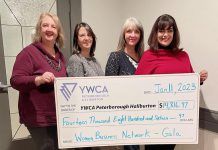 Women's Business Network of Peterborough president Diane Wolf (left) and program directors Tracy Minnema and Sandra Wilkins present a cheque for $14,816.97 to YWCA Peterborough Haliburton's lead philanthropc director Ria Nicholson (right) on January 11, 2023. The proceeds were raised during the Women's Business Network of Peterborough's December 2002 holiday gala and auction. (Photo: Grace Terfa / WBN)