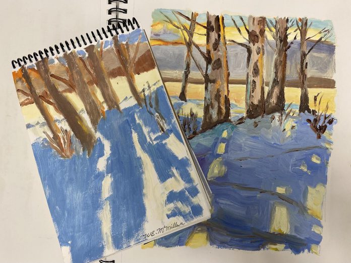 A sample of 94-year-old artist Bill McMillan's work, which will be on display during the 'Together, We Paint' exhibit during the First Friday Peterborough art crawl on March 3, 2023 at the  Art School of Peterborough's Launch Gallery in Charlotte Mews. (Photo: Jenni Johnson / Art School of Peterborough)