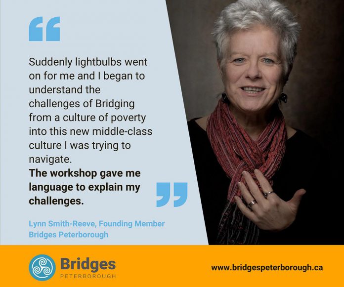 Bridges Peterborough was co-founded by Lynn Smith-Reeve, whose lived experience of poverty (raising her five children and caring for a disabled husband for two decades) inspired her desire to organize community resources to serve low-income families and led her to become a certified Bridges Out of Poverty facilitator. (Graphic courtesy of Bridges Peterborough)