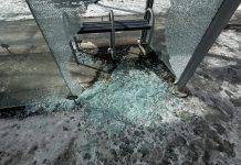 One of eight bus shelters across Peterborough whose glass was smashed in vandalism incidents between Sunday night on February 12, 2023 and Monday morning. (Photo: Matt Crowley / Twitter)