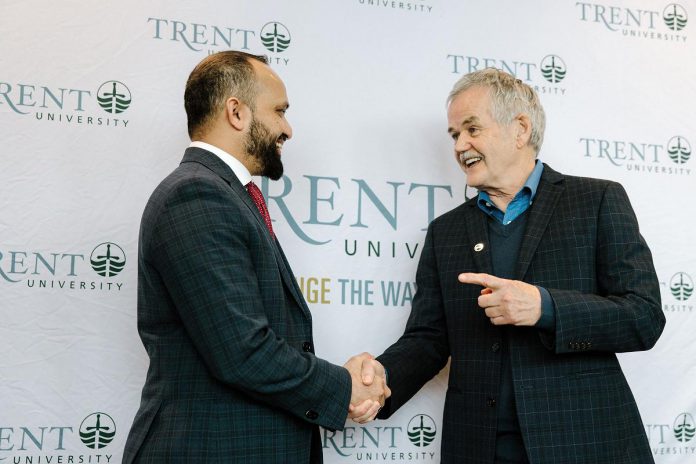 Edvoy founder and CEO Sadiq Basha and Trent University president Dr. Leo Groarke on February 15, 2023 at ICEF Dubai, where the two signed an agreement to launch the TEX Advanced Learning Centre at the university's Durham campus in Oshawa. (Photo: Edvoy)